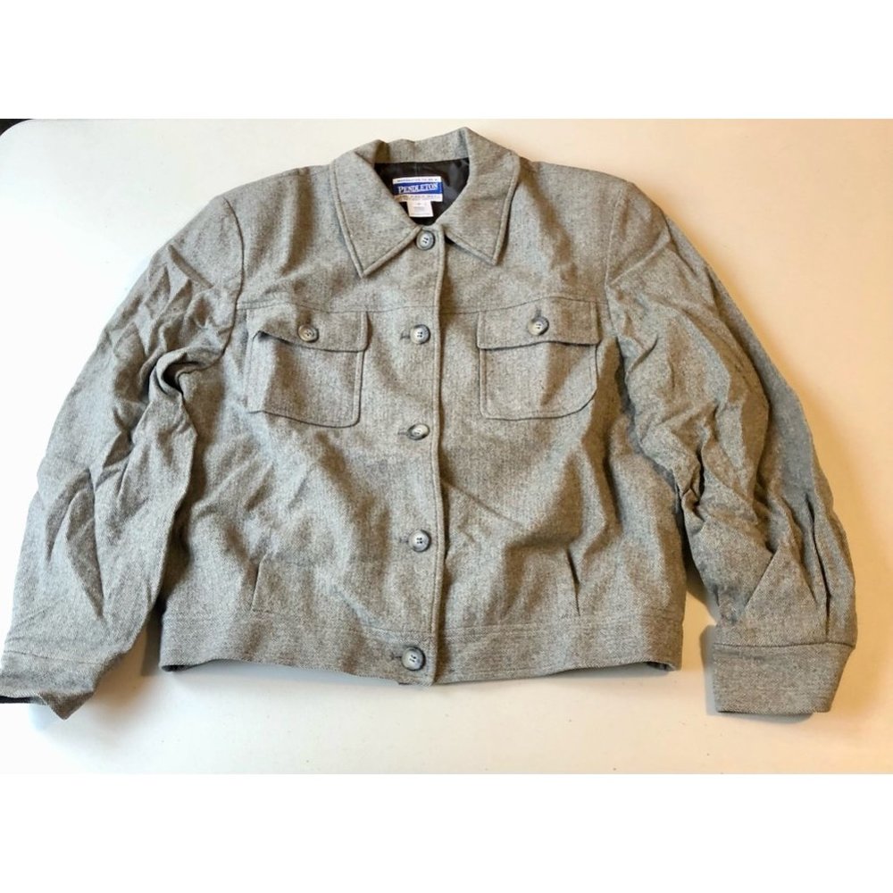 Pendleton Women Gray Herringbone Wool Blend Button Front Jacket Size‎ Medium